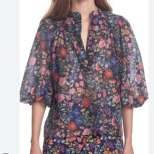 Corey Lynn Calter Corinne Floral Puff Sleeve Blouse Black Pink Blue Medium